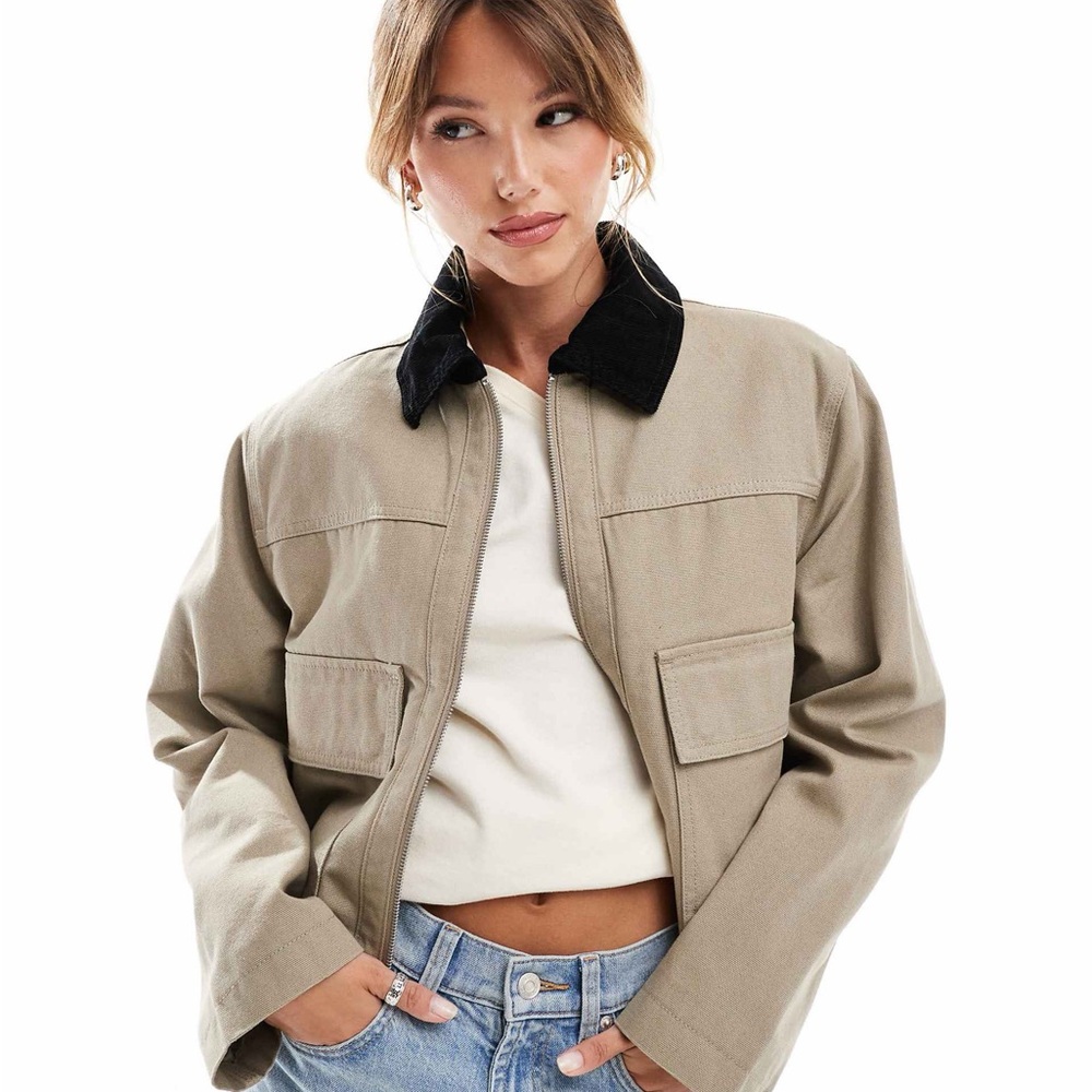 ASOS DESIGN cropped pocket canvas jacket in stone